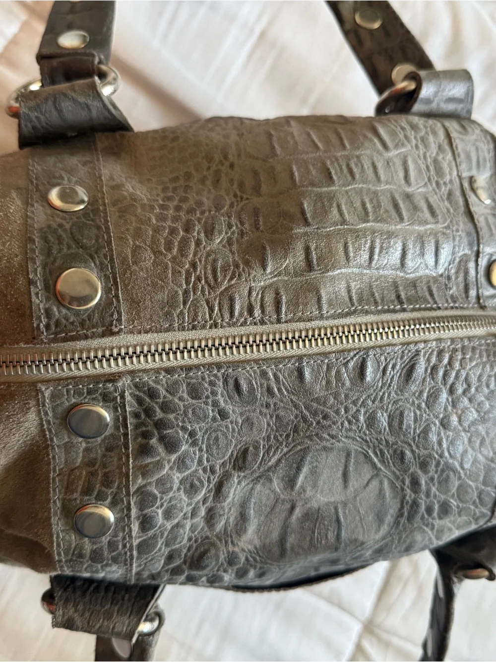 Hammitt Westwood Satchel in grey croc leather and suede